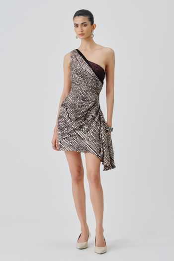Buy_Aroka_Black Satin, Modal One Shoulder Odette Short Printed Dress _at_Aza_Fashions