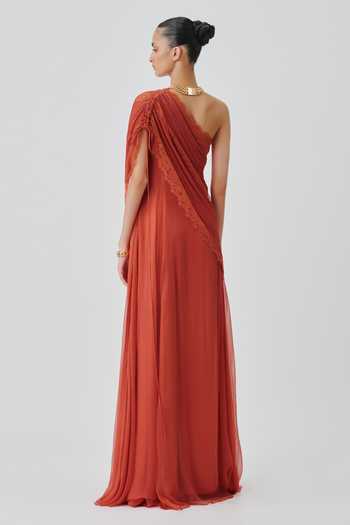 Shop_Aroka_Orange Satin, Chiffon, Modal One Shoulder Ira Ruched Dress _at_Aza_Fashions