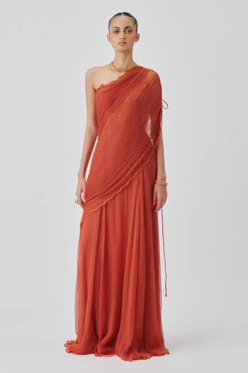 Buy_Aroka_Orange Satin, Chiffon, Modal One Shoulder Ira Ruched Dress _at_Aza_Fashions