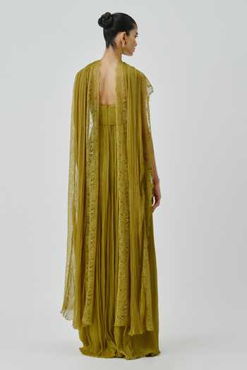 Shop_Aroka_Green Satin, Chiffon, Modal Lace Sweetheart Chartreuse Ruched Dress With Scarf _at_Aza_Fashions