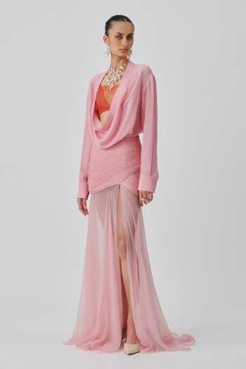 Buy_Aroka_Pink Chiffon Rosaria Ruched Skirt _at_Aza_Fashions