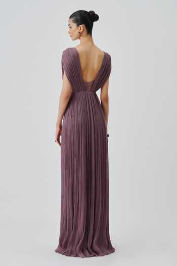 Shop_Aroka_Purple Satin, Chiffon, Modal V-, Plunge Bellflower Ruched Dress _at_Aza_Fashions