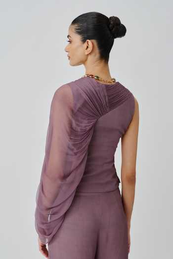 Shop_Aroka_Purple Crepe, Chiffon V-neck, One Shoulder Mauve Ruched Top _at_Aza_Fashions