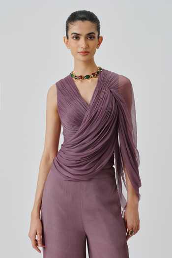 Buy_Aroka_Purple Crepe, Chiffon V-neck, One Shoulder Mauve Ruched Top _at_Aza_Fashions