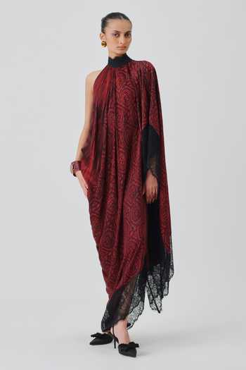 Buy_Aroka_Black Satin, Modal Halter , High Anaya Layered Printed Dress _at_Aza_Fashions