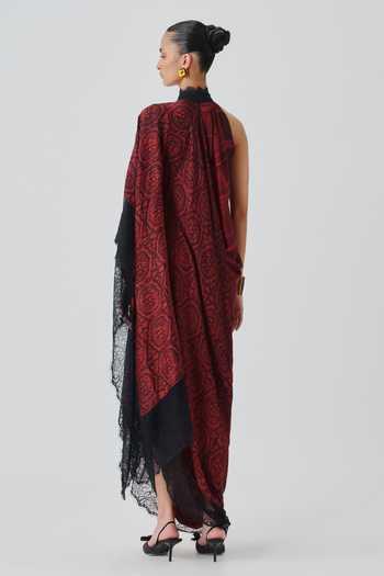 Shop_Aroka_Black Satin, Modal Halter , High Anaya Layered Printed Dress _at_Aza_Fashions