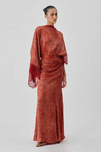 Buy_Aroka_Orange Satin, Modal Boat Neck Mehr Hand Block Print Dress _at_Aza_Fashions