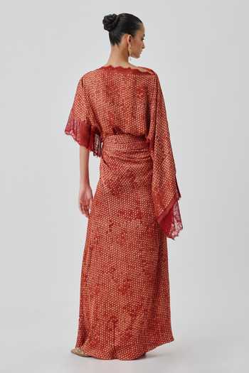 Shop_Aroka_Orange Satin, Modal Boat Neck Mehr Hand Block Print Dress _at_Aza_Fashions