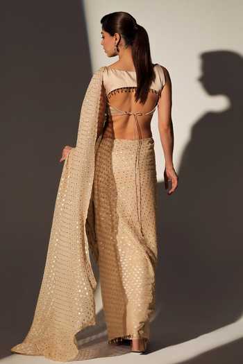 Shop_Libas Cafe by Nidhi & Ashish_Gold Georgette Sweetheart Neck Chandni Embroidered Saree With Blouse _at_Aza_Fashions