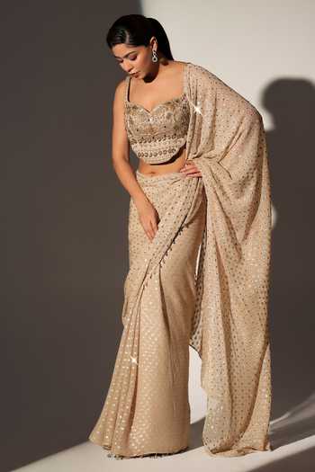 Buy_Libas Cafe by Nidhi & Ashish_Gold Georgette Sweetheart Neck Chandni Embroidered Saree With Blouse _Online_at_Aza_Fashions