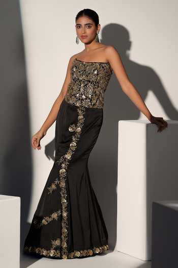 Shop_Libas Cafe by Nidhi & Ashish_Black Satin Embroidery, Sequins, Zari Work Pheobe Corset And Mermaid Skirt Set _at_Aza_Fashions