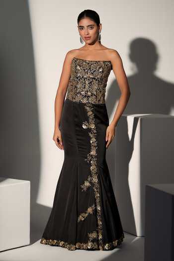 Buy_Libas Cafe by Nidhi & Ashish_Black Satin Embroidery, Sequins, Zari Work Pheobe Corset And Mermaid Skirt Set _at_Aza_Fashions