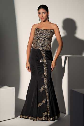 Libas Cafe by Nidhi & Ashish_Black Satin Embroidery, Sequins, Zari Work Pheobe Corset And Mermaid Skirt Set _Online_at_Aza_Fashions