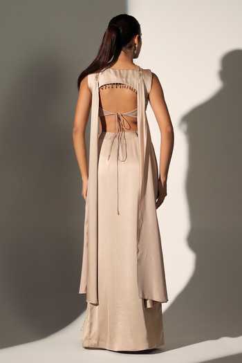 Shop_Libas Cafe By Nidhi & Ashish_Gold Satin Sweetheart Neck Moana Embroidered Blouse Skirt Set _at_Aza_Fashions