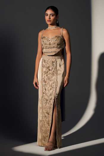 Libas Cafe By Nidhi & Ashish_Gold Satin Sweetheart Neck Moana Embroidered Blouse Skirt Set _Online_at_Aza_Fashions