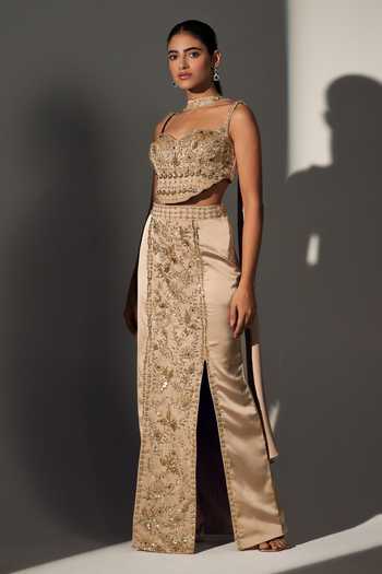 Buy_Libas Cafe By Nidhi & Ashish_Gold Satin Sweetheart Neck Moana Embroidered Blouse Skirt Set _Online_at_Aza_Fashions