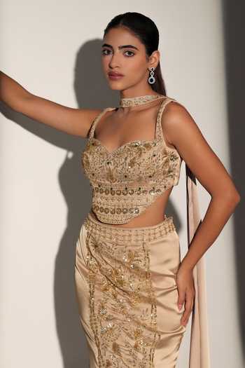 Shop_Libas Cafe By Nidhi & Ashish_Gold Satin Sweetheart Neck Moana Embroidered Blouse Skirt Set _Online_at_Aza_Fashions