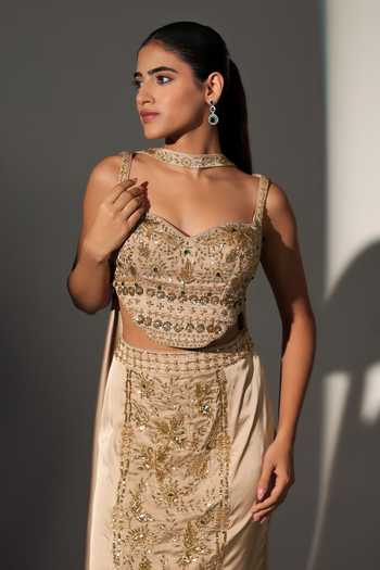 Libas Cafe By Nidhi & Ashish_Gold Satin Sweetheart Neck Moana Embroidered Blouse Skirt Set _at_Aza_Fashions