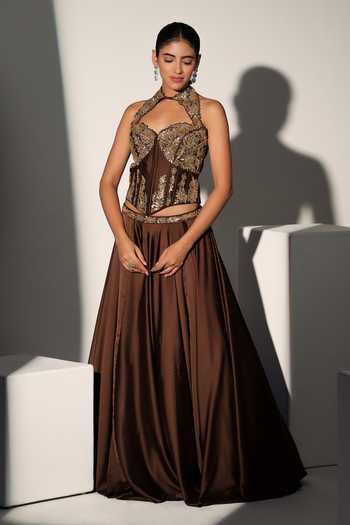Buy_Libas Cafe by Nidhi & Ashish_Brown Satin Sequins, Zari Halter Neck Hermione Embroidered Corset And Skirt Set _at_Aza_Fashions
