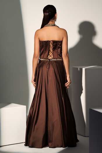 Shop_Libas Cafe by Nidhi & Ashish_Brown Satin Sequins, Zari Halter Neck Hermione Embroidered Corset And Skirt Set _at_Aza_Fashions