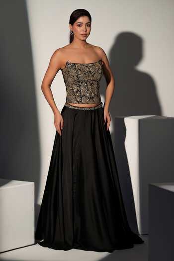 Libas Cafe By Nidhi & Ashish_Black Satin Embroidery, Sequins, Zari, Stones Alizeh Corset And Lehenga Set _Online_at_Aza_Fashions