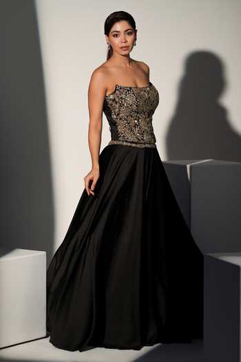 Buy_Libas Cafe By Nidhi & Ashish_Black Satin Embroidery, Sequins, Zari, Stones Alizeh Corset And Lehenga Set _Online_at_Aza_Fashions