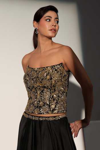 Shop_Libas Cafe By Nidhi & Ashish_Black Satin Embroidery, Sequins, Zari, Stones Alizeh Corset And Lehenga Set _Online_at_Aza_Fashions