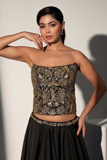 Libas Cafe By Nidhi & Ashish_Black Satin Embroidery, Sequins, Zari, Stones Alizeh Corset And Lehenga Set _at_Aza_Fashions