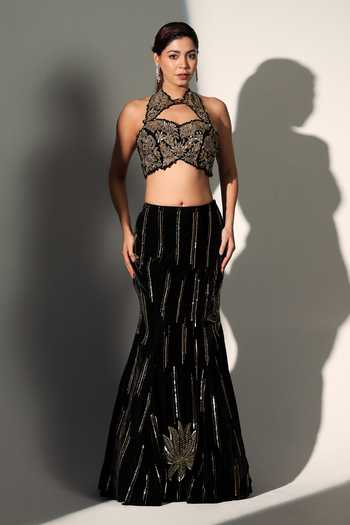Buy_Libas Cafe By Nidhi & Ashish_Black Velvet Sequins, Zari, Stones Natasha Embroidered Blouse And Lehenga Set _at_Aza_Fashions