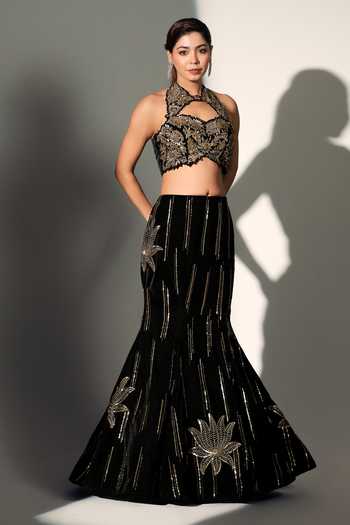 Shop_Libas Cafe By Nidhi & Ashish_Black Velvet Sequins, Zari, Stones Natasha Embroidered Blouse And Lehenga Set _Online_at_Aza_Fashions