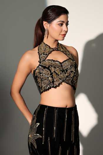 Buy_Libas Cafe By Nidhi & Ashish_Black Velvet Sequins, Zari, Stones Natasha Embroidered Blouse And Lehenga Set 
