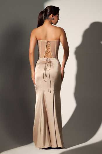 Shop_Libas Cafe by Nidhi & Ashish_Gold Satin, Net Sequins Square Neck Elise Power Shoulder Corset Skirt Set _at_Aza_Fashions