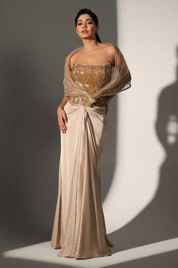 Buy_Libas Cafe by Nidhi & Ashish_Gold Satin, Net Sequins Square Neck Elise Power Shoulder Corset Skirt Set _at_Aza_Fashions