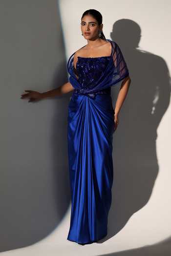 Buy_Libas Cafe by Nidhi & Ashish_Blue Satin, Net Sequins Bandeau Neck Jessica Power Shoulder Corset Skirt Set _at_Aza_Fashions