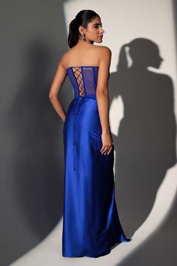 Shop_Libas Cafe by Nidhi & Ashish_Blue Satin, Net Sequins Bandeau Neck Jessica Power Shoulder Corset Skirt Set _at_Aza_Fashions