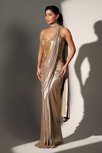 Shop_Libas Cafe by Nidhi & Ashish_Gold Net, Jersey Sequins, Beads Sylvie Pre-draped Saree With Embroidered Corset _at_Aza_Fashions