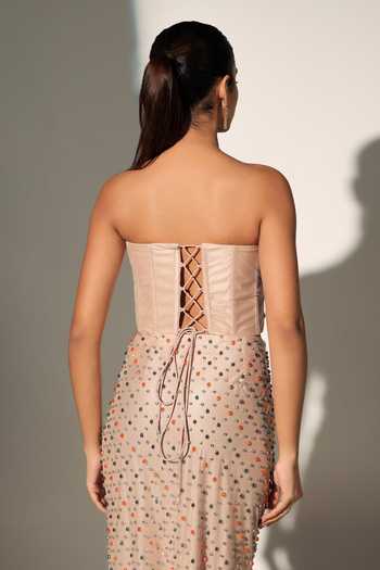 Shop_Libas Cafe by Nidhi & Ashish_Gold Net Beads, Crystals, Tassels Donna Embroidered Corset And Skirt Set _at_Aza_Fashions
