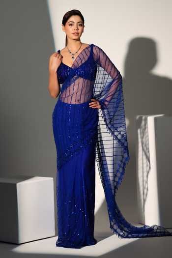Buy_Libas Cafe by Nidhi & Ashish_Blue Net Sweetheart Neck Naina Embroidered Pre-draped Saree With Blouse _at_Aza_Fashions
