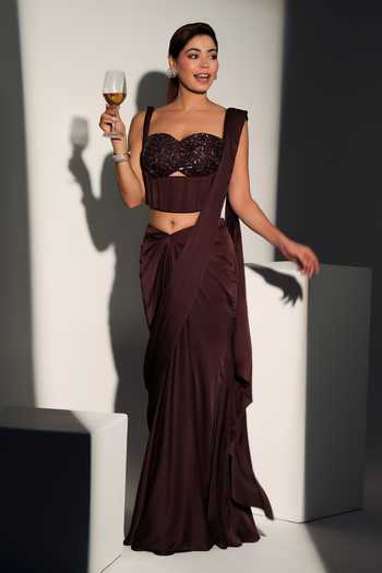 Buy_Libas Cafe By Nidhi & Ashish_Brown Satin Embroidery Sweetheart Neck Diana Pre-draped Saree With Corset _at_Aza_Fashions