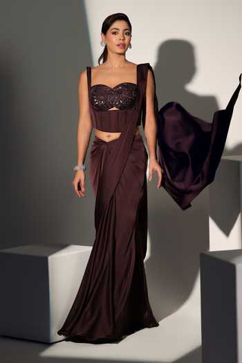 Shop_Libas Cafe By Nidhi & Ashish_Brown Satin Embroidery Sweetheart Neck Diana Pre-draped Saree With Corset _Online_at_Aza_Fashions