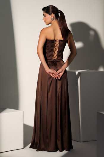 Shop_Libas Cafe by Nidhi & Ashish_Brown Satin Embroidery, Sequins, Beads, Pearls Cersei Corset Palazzo Set _at_Aza_Fashions