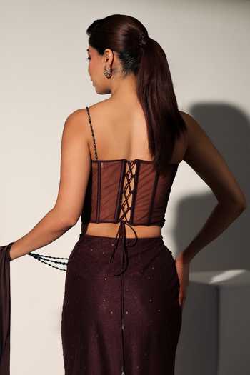 Shop_Libas Cafe by Nidhi & Ashish_Brown Net Sequins, Beads, Pearls, Cut Work, Natalie Embroidered Corset Skirt Set _at_Aza_Fashions