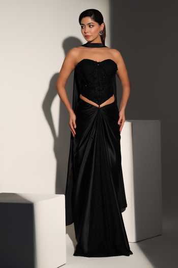 Buy_Libas Cafe By Nidhi & Ashish_Black Satin Pearls, Beads, Beatrix Chantelle Embroidered Corset Draped Skirt Set _Online_at_Aza_Fashions