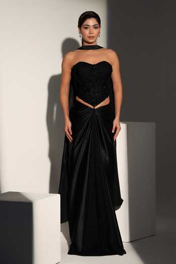 Shop_Libas Cafe By Nidhi & Ashish_Black Satin Pearls, Beads, Beatrix Chantelle Embroidered Corset Draped Skirt Set _Online_at_Aza_Fashions