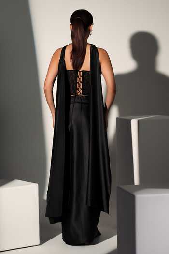 Shop_Libas Cafe By Nidhi & Ashish_Black Satin Pearls, Beads, Beatrix Chantelle Embroidered Corset Draped Skirt Set _at_Aza_Fashions