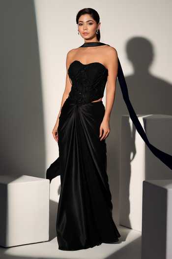 Libas Cafe By Nidhi & Ashish_Black Satin Pearls, Beads, Beatrix Chantelle Embroidered Corset Draped Skirt Set _at_Aza_Fashions