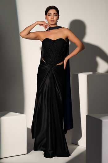 Buy_Libas Cafe By Nidhi & Ashish_Black Satin Pearls, Beads, Beatrix Chantelle Embroidered Corset Draped Skirt Set 