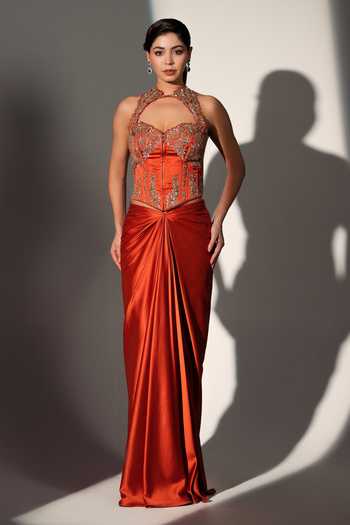 Buy_Libas Cafe by Nidhi & Ashish_Rust Satin Sequins, Zari, Stones Wonder Woman Embroidered Corset And Skirt Set _at_Aza_Fashions