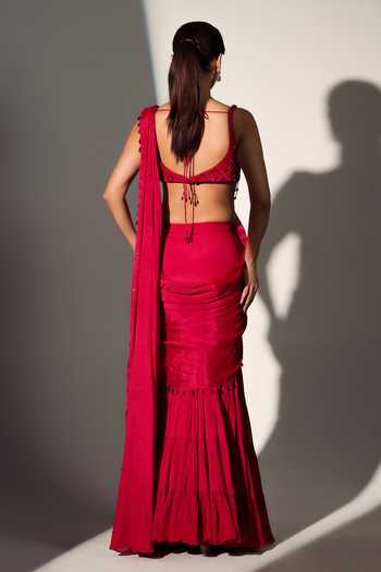 Shop_Libas Cafe by Nidhi & Ashish_Red Crepe Sweetheart Neck Carrie Layered Lehenga Pre-draped Saree With Blouse _at_Aza_Fashions