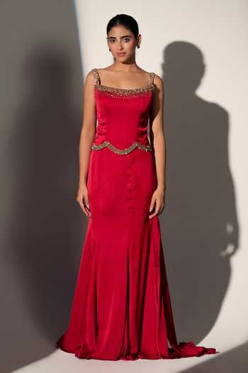 Libas Cafe By Nidhi & Ashish_Red Satin Embroidery, Sequins Square Neck Blair Corset Skirt Set _Online_at_Aza_Fashions
